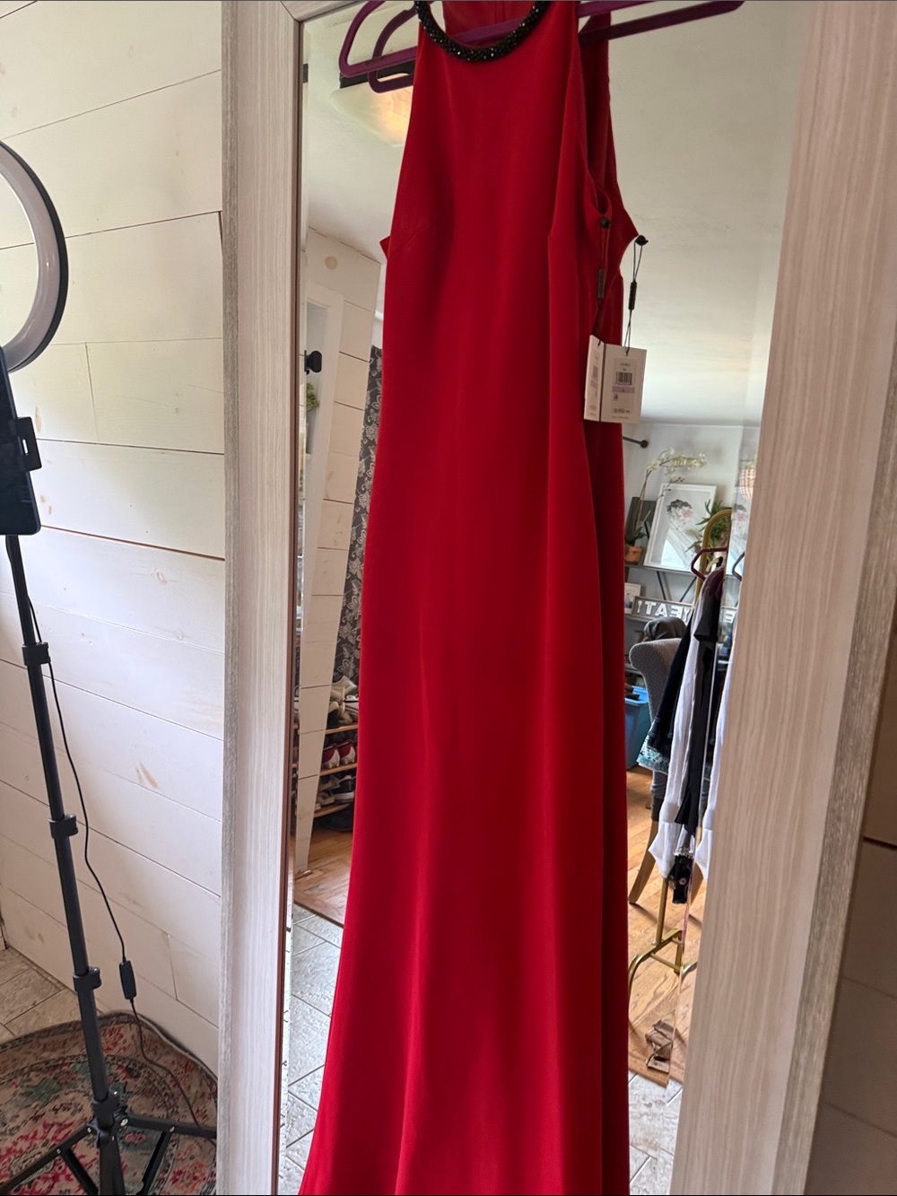 Calvin Klein Red Halter Maxi Dress with Beaded Neckline - Picture 9 of 12